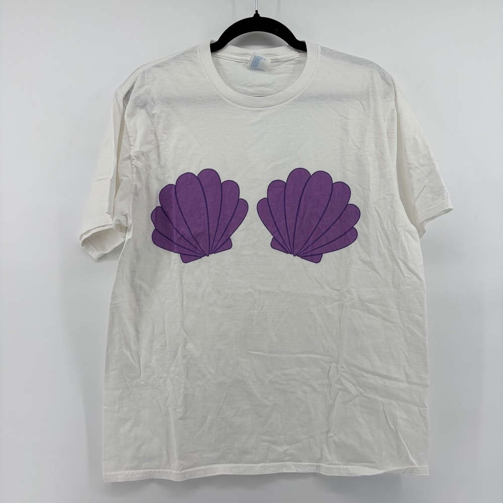 Port and Company Mermaid Purple Seashell Bra Graphic Costume T Shirt White Large